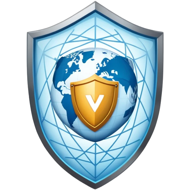 A secure VPN logo with shield, network connections and a globe emoji
