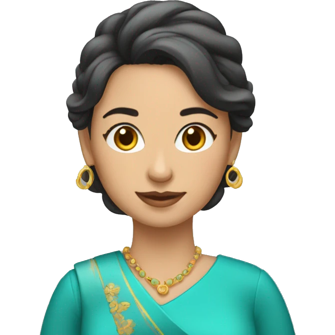 Mujer con vestido turquesa morena con un portatil emoji
