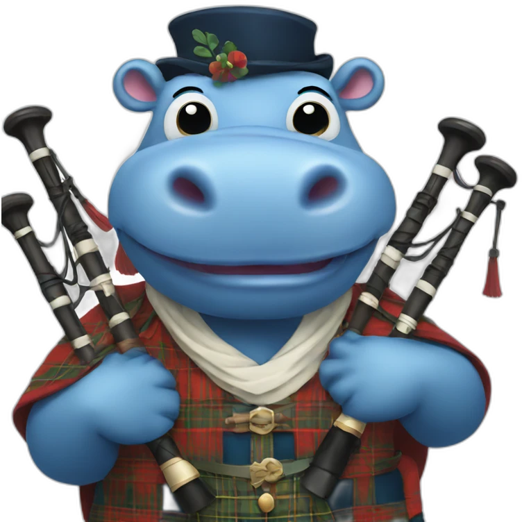 Blue hippo with bagpipes and traditional Scottish clothes emoji