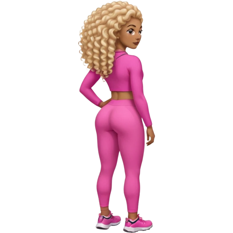 Uma mulher negra da pele clara com cabelo cacheados bem longo até a bunda  sem tanto volume no cabelo e um corpo atlético com roupa rosa  emoji