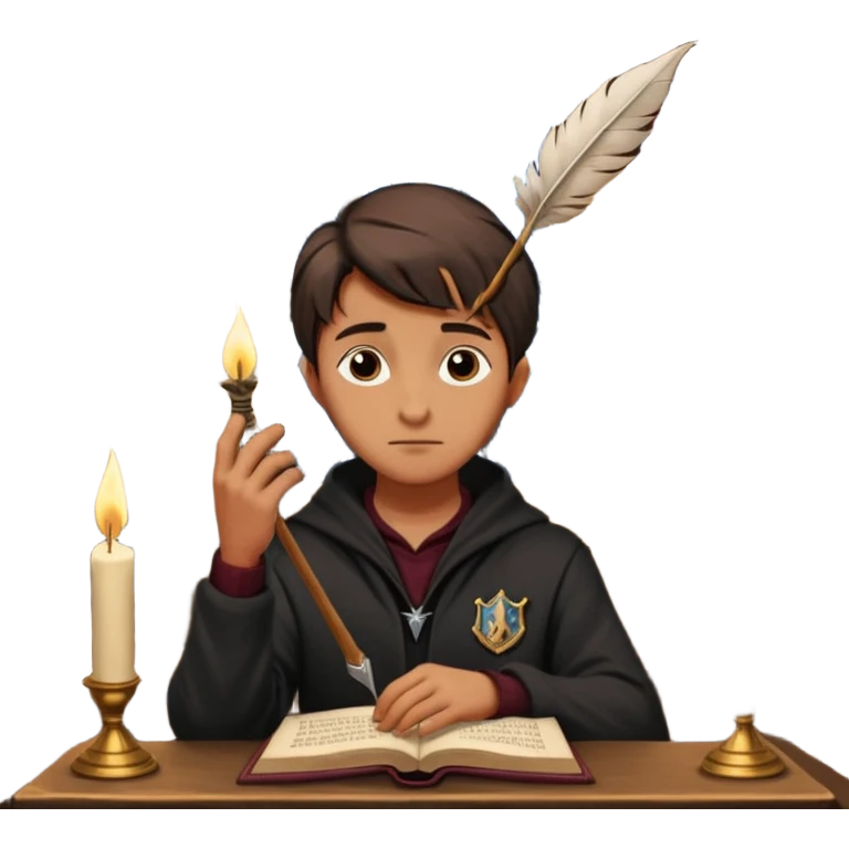 "Thinking face emoji 🤔 as a thoughtful wizard in Hogwarts library, scratching head with quill, surrounded by floating books and candles, detailed digital art in Harry Potter style, puzzled expression, magical atmosphere."
 emoji