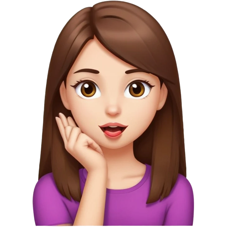 Girl with straight brown hair pretty eyelashes crossing arms on her neck while sticking her toungue out emoji
