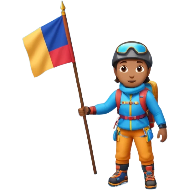 A 3D cartoon mountaineer standing on a snowy Everest-like summit with a flag, wearing colorful climbing gear, soft lighting, Memoji-style. emoji