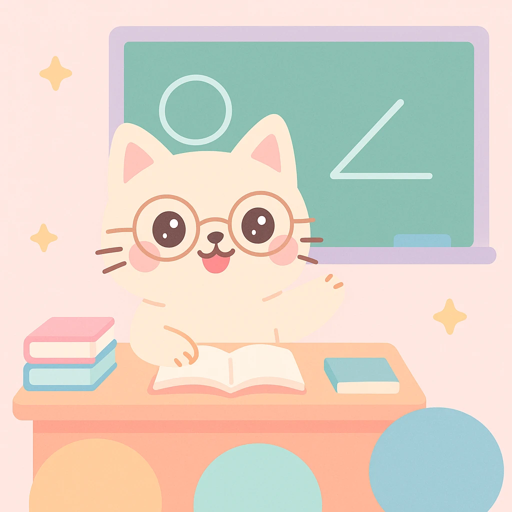 cat teacher sitting at a desk explaining to students, wearing glasses, classroom props visible, cute and charming style emoji