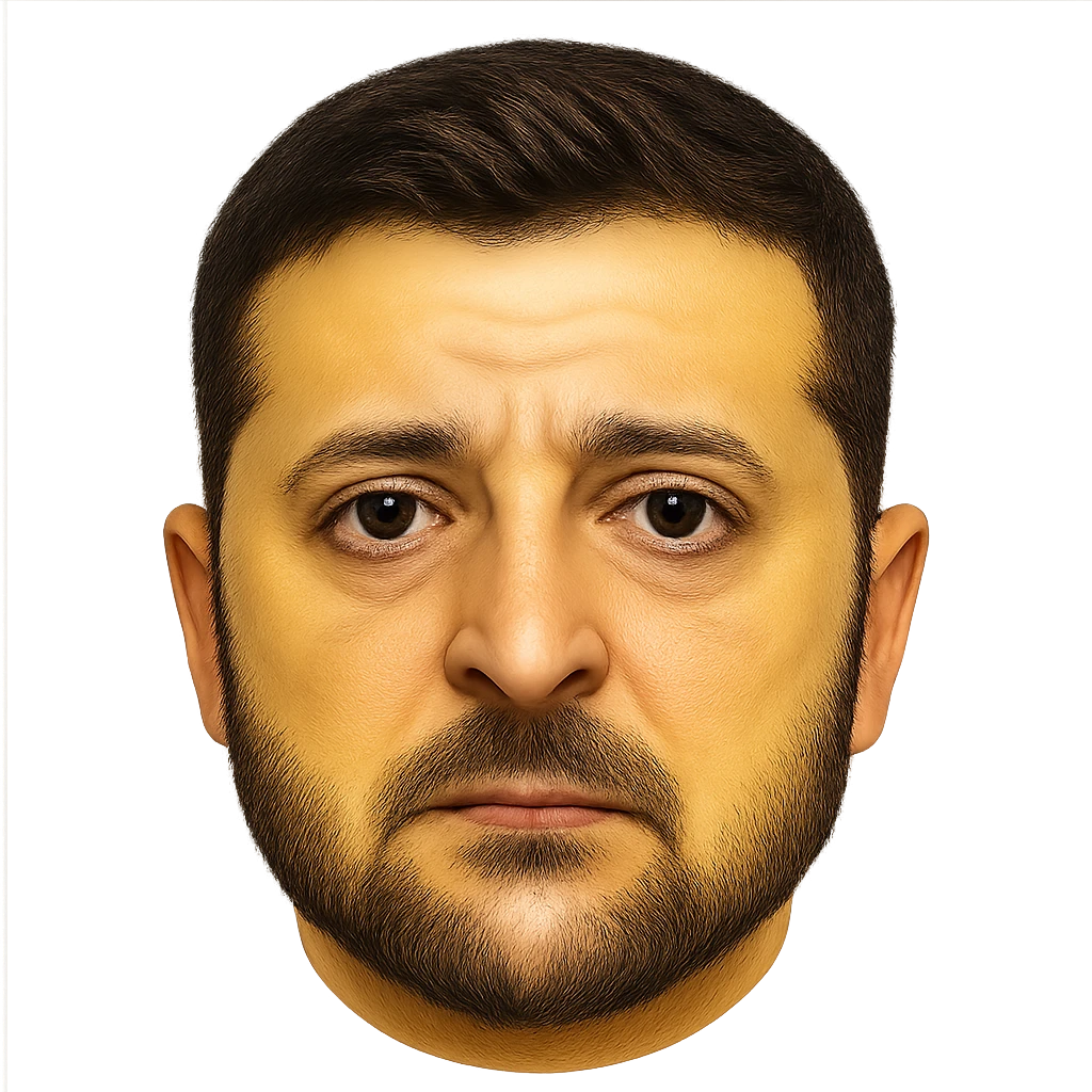 emoji-style portrait of Vladimir Zelensky with a yellow round face, very recognizable and detailed facial features, realistic eyes, hair, and beard, high quality emoji
