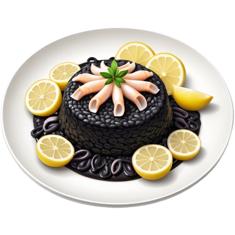 cinematic-realistic-black-risotto-dish,-showcasing-lagre squid pieces-rendered-with-bold-textures-and-dynamic,-dramatic-lighting in a white plate with a grilled lemon on top emoji
