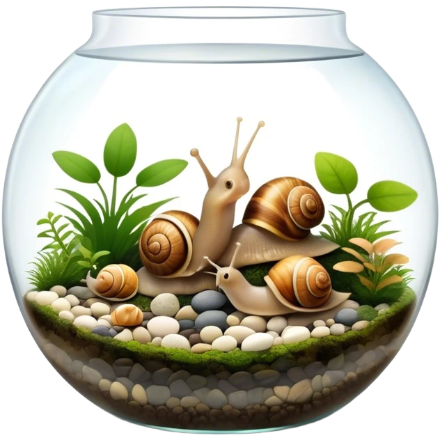 A collection of various snails and mollusks inside a small, lush terrarium with plants and moss. Some snails are crawling along the glass while others rest on pebbles. The scene is serene with soft lighting, showcasing the natural beauty of the mollusks. Transparent background. emoji