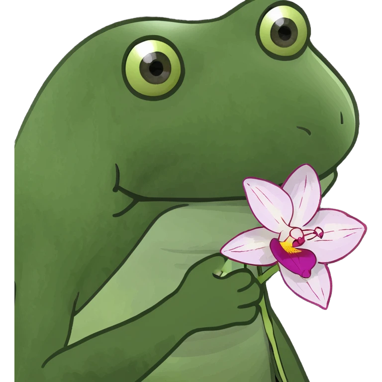cat holding an orchid, green bufo frog meme style emoji