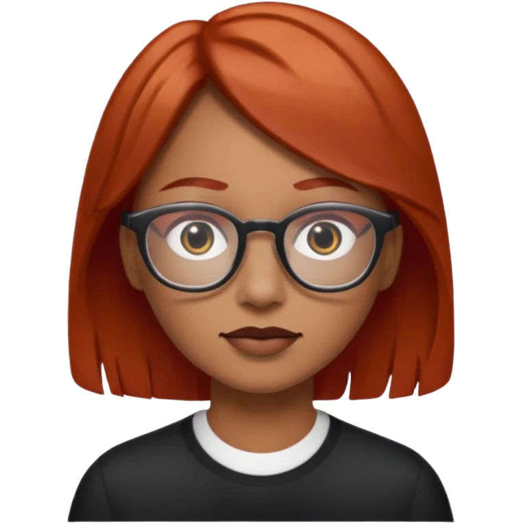 Cabelo vermelho ,pele parda  , olhos pretos e usando óculos  emoji