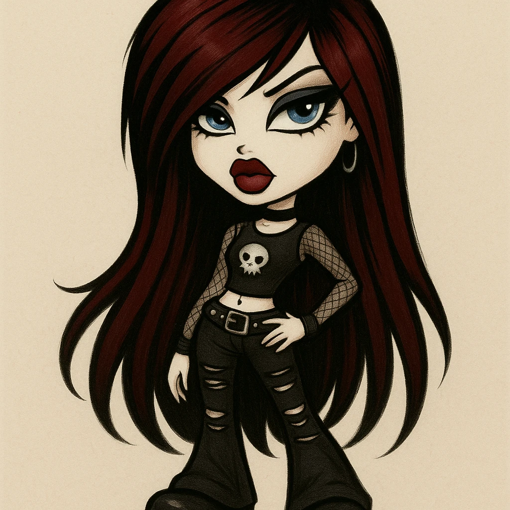 A Bratz-inspired character with long dark red emo hair, pale skin, blue eyes, heavy black eyeliner, and a bold, pretty attitude. emoji