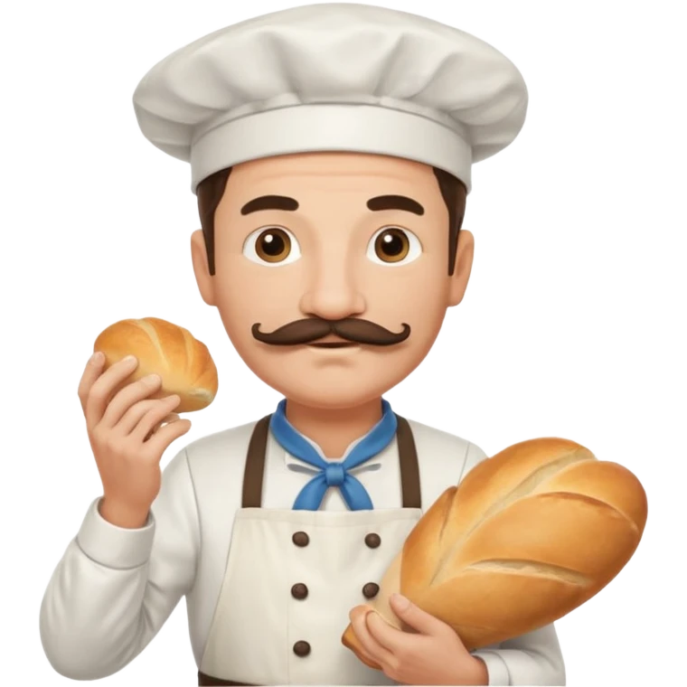 Middle aged male pastry chef - with a mustache, apron, white hat, holding bread emoji