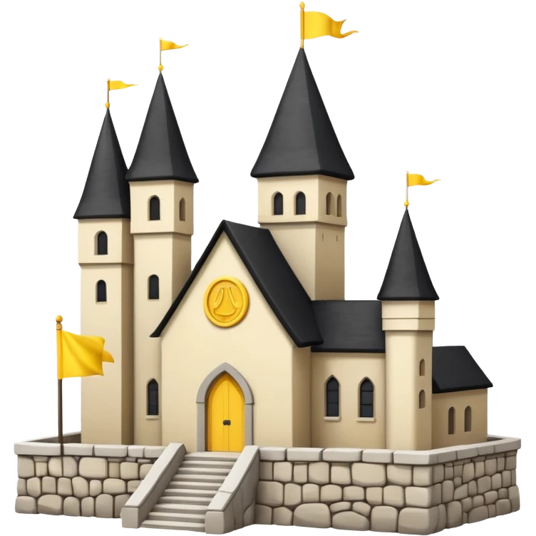 simple magic school, white background, magic school, black roof, with a big flag, big flag on a roof, big yellow flag, white school emoji