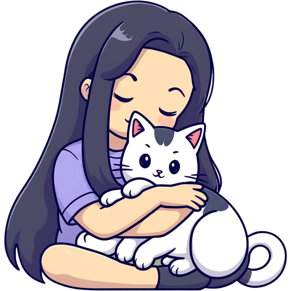 Beautiful girl with long black hair cuddling a gray and blonde cat emoji