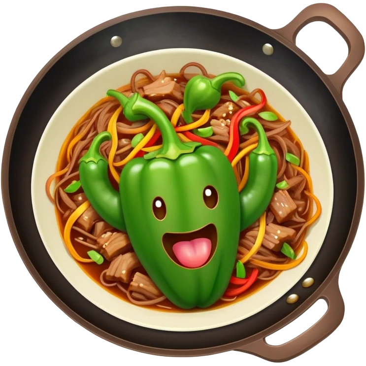 Green Pepper with Shredded Pork in wok, simplified emoji style with bold outlines and bright colors, cartoon style Qing Jiao Rou Si homestyle dish emoji