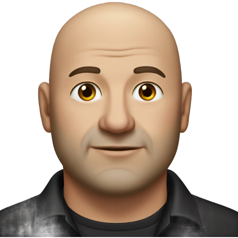 A slightly overweight middle-aged Italian man with olive-toned skin with bald hair and no facial hair. He is wearing a sleek black smart shirt, casually unbuttoned at the top. emoji