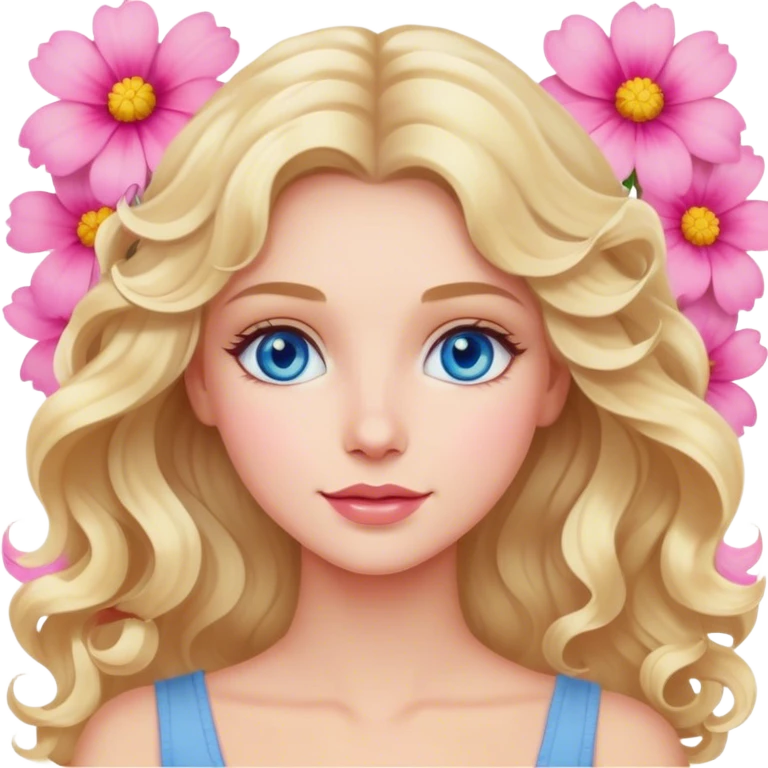 Blonde blue eyed women with wavy hair pink flower background emoji