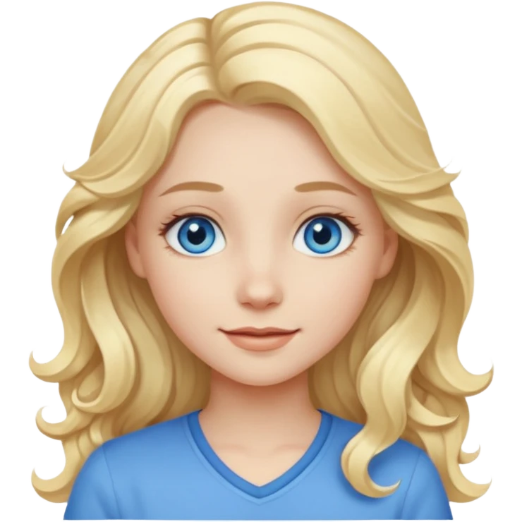 A pale girl with blue eyes and long and blonde , wavy hair , smiling  emoji
