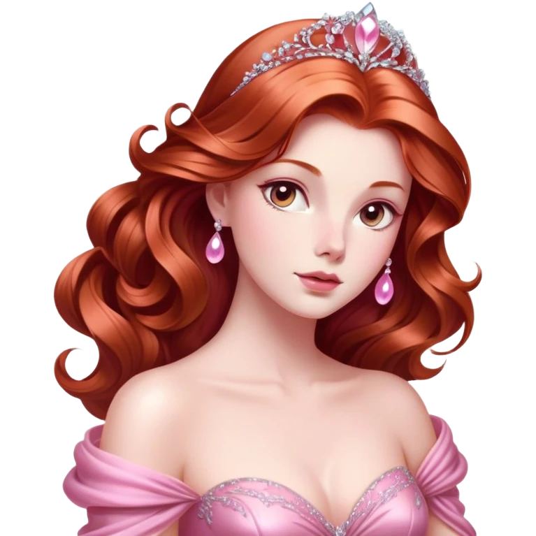 Cinematic Majestic Sleeping Beauty Portrait Emoji, rendered in a clean, vector-style with bold, simplified shapes. Show Aurora with a serene, noble expression, luminous porcelain skin, and elegantly flowing auburn hair, dressed in an opulent pink ball gown. The design radiates a majestic, enchanted glow with high shine and a soft glowing outline, embodying classic royal elegance. emoji