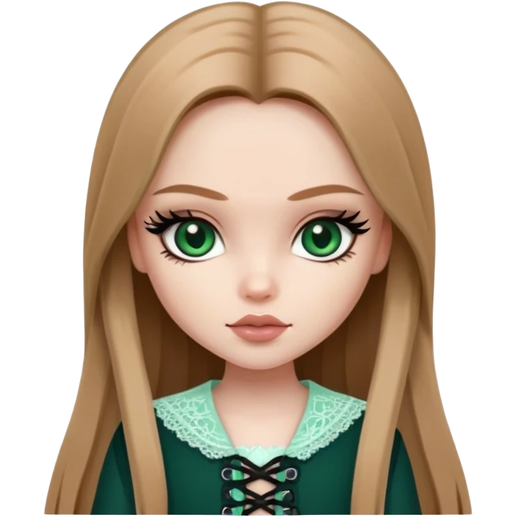 pretty bratz girl, long straight light brown hair, jade green eyes, black eyeliner, pale skin, dark feminine clothes with laces emoji