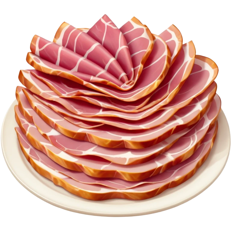 dry-cured ham one or two thin folded slices deep pink to red white fat streaks silky translucent marbled natural folds curls creamy integrated fat no bread fruit plate no faces clean 3D soft shadows transparent background emoji scale emoji