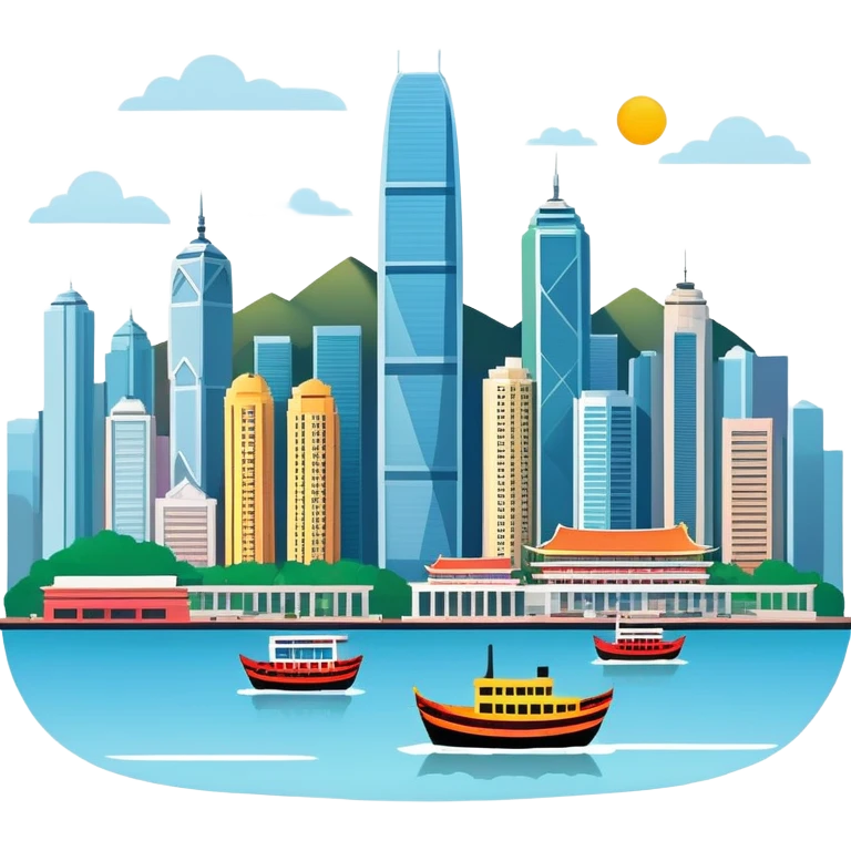 Hong Kong Victoria Harbor skyline, simplified emoji style with bold outlines and bright colors, cartoon style city view with tall buildings emoji