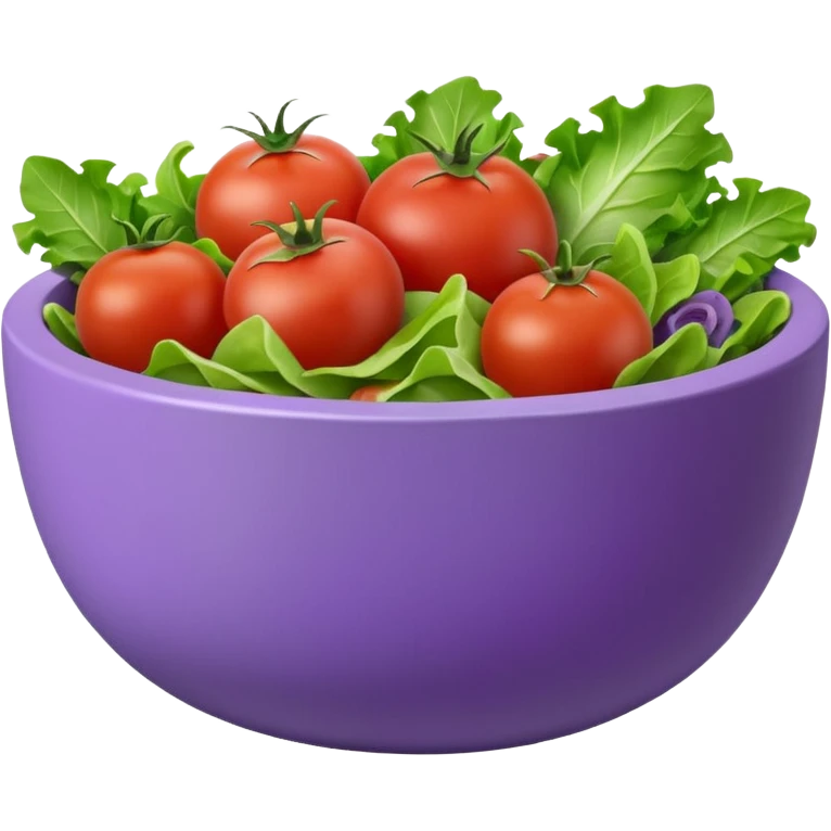 Modern premium 3D emoji icon: salad bowl (🥗), smooth rounded shapes, matte + subtle gloss, top-left studio light, soft shadow. Purple bowl with lavender rim; ingredients in natural colors. Centered, transparent background, no text. emoji