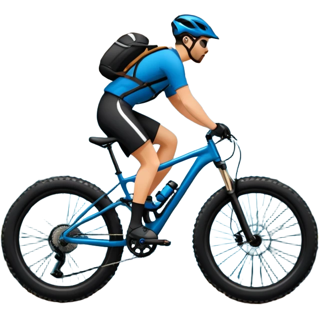 An icon featuring a mountain bike with wide tires, positioned on a forest trail or rocky mountain road. The background shows dense trees, steep slopes, and distant peaks under a clear blue sky. Transparent background highlights the thrill and rugged beauty of mountain biking. emoji