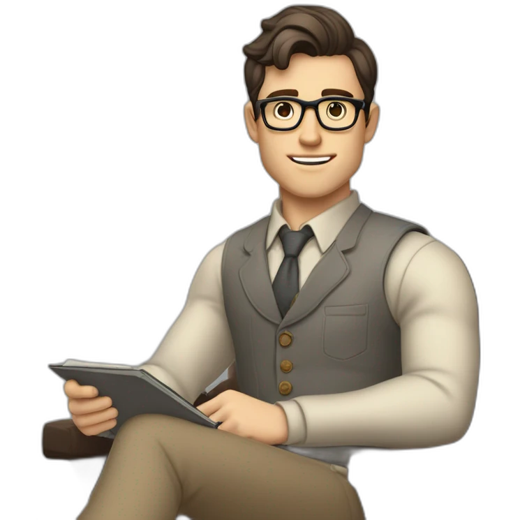 Pale skinned Fit Man With dark brown hair in gray jacket, beige office shirt, Brown pants and vintage glasses sitting In a soft chair with a notebook on spring with emblem Ψ and a pen emoji