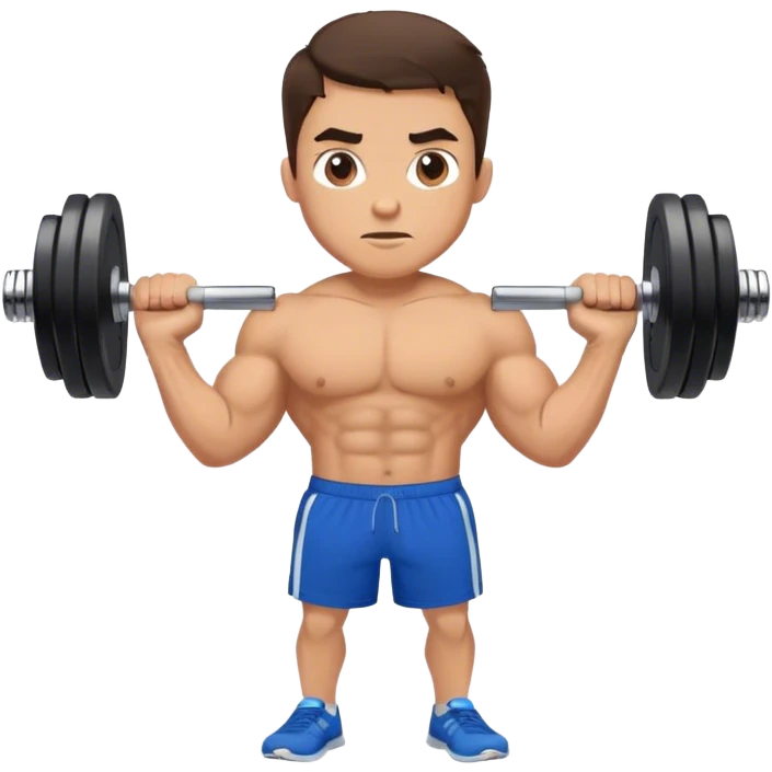 brunette buff man with blue shorts dumbbell-shrugs emoji