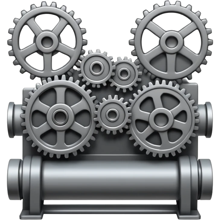 greyscale emoji-style card back, intricate interconnected machine, gears belts pipes working together seamless functional design, black white grey only emoji