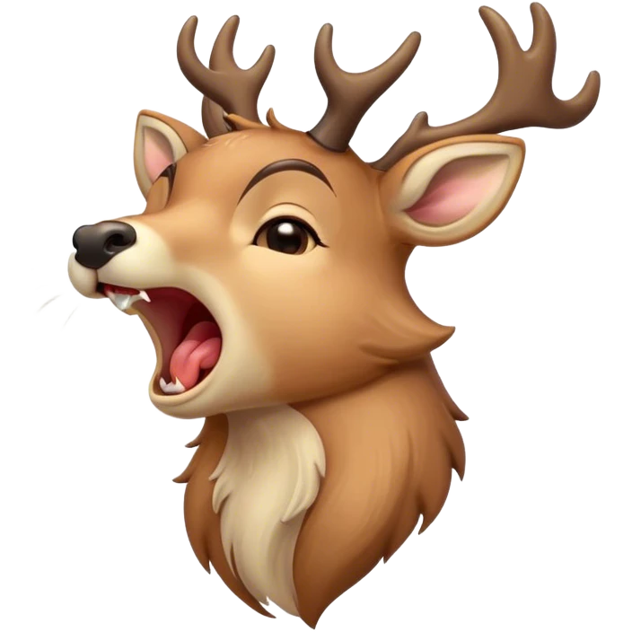 Cinematic Cute Yawning Deer Portrait Emoji, Head tilted slightly with a dramatic, wide-open yawn, revealing a soft, dappled Fur and elegantly drooping ears, eyes barely open in drowsy contentment, Simplified yet irresistibly adorable features, highly detailed, glowing with a soft, cozy glow, high shine, relaxed yet expressive, stylized with a touch of natural whimsy, bright and endearing, soft glowing outline, capturing the essence of a sleepy yet affectionate deer, so drowsy it feels like it could stretch right out of the screen and curl up for a nap! emoji