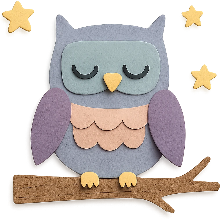 sleepy owl on a tree branch with stars, muted night palette, soft pastel colors, transparent background, paper craft style emoji