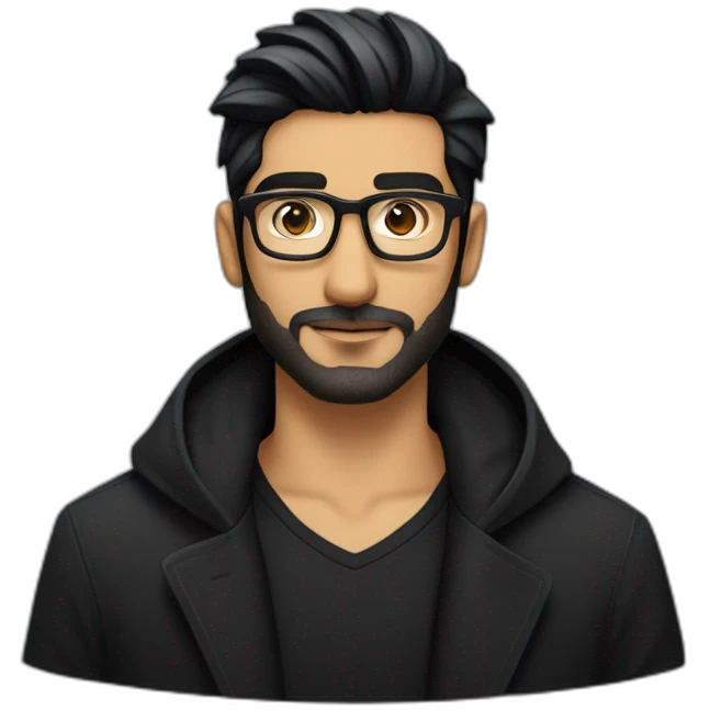 North Indian long faced white skinned male with glasses and black hair combed in front a bit and a patchy beard with patchy moustache showing up like zayn wearing a black tee black overcoat emoji
