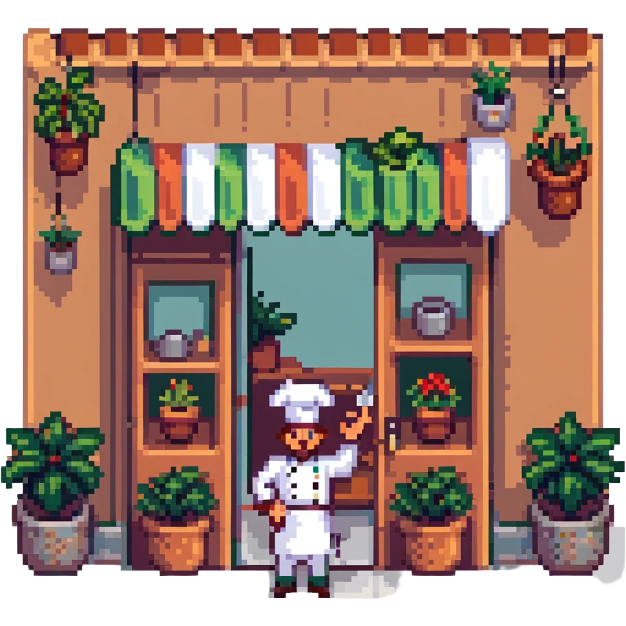 Italian restaurant with a chef waving at the door, potted plants outside in pixel art style emoji