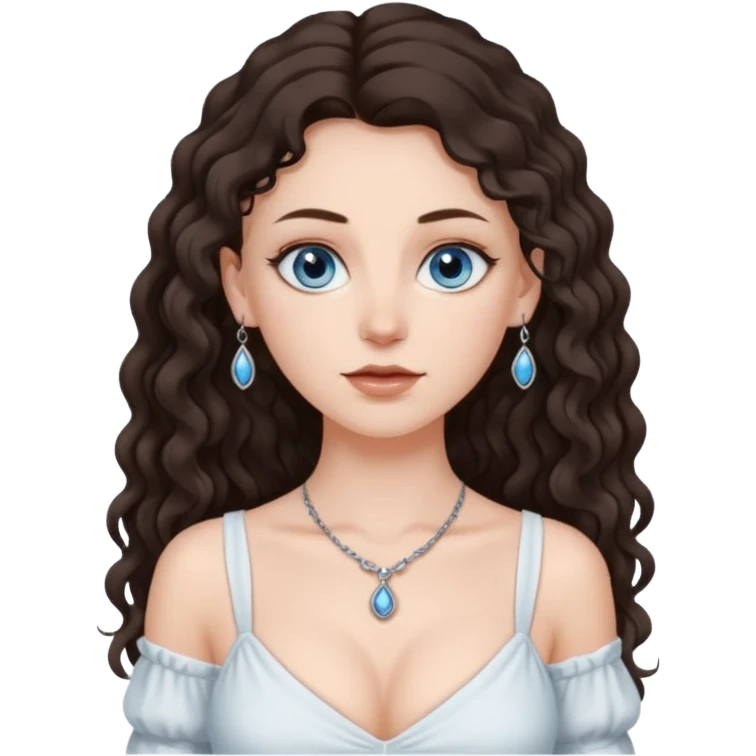 white girl, dark brown long slightly curly hair , skinni but with big breast , septum piercing on nose, beautiful dark gray-blue eyes, in white dress emoji