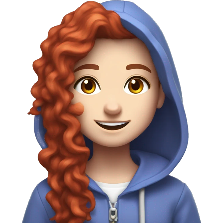a white girl with long red curly hair and freckles, wearing periwinkle Minecraft hoodie playing a videogame smiling emoji