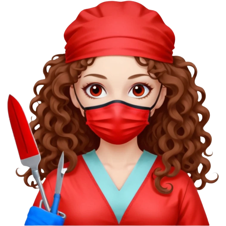 Lilith symbol seductress long curly hair evil surgeon.  brown hair. Red surgical mask and hair covering. She works for cartel and kills  with a scalpel. emoji