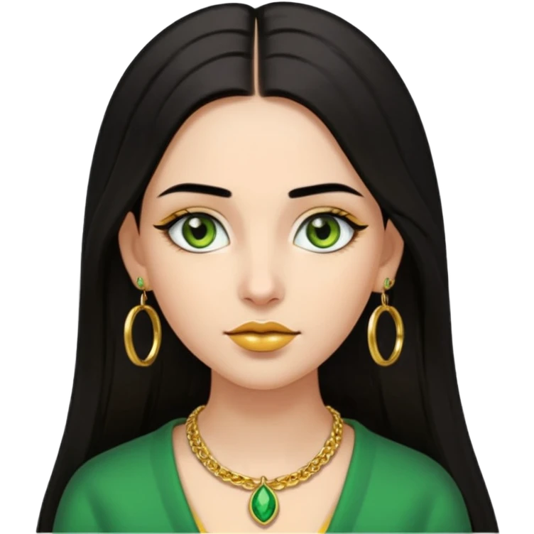 emoji of a girl with long straight dark hair below shoulders, center parting, very thick black eyebrows, full lips, green eyes with yellow gold center, wearing gold hoop earrings and gold necklace emoji