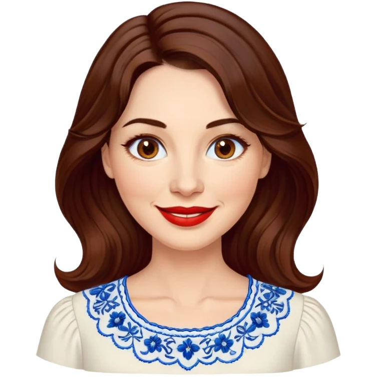 40-year-old woman with luminous fair skin, round face, wide smile, large light brown eyes, vibrant red lips, shoulder-length dark brown wavy hair, wearing white blouse with blue embroidery and electric blue neckline, mature but youthful appearance emoji