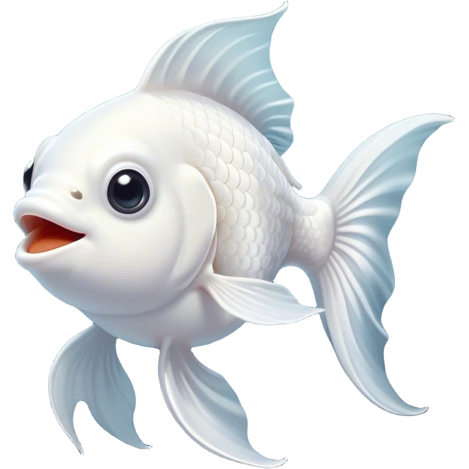 Cinematic Comical White Goldfish Portrait Emoji, Head tilted dramatically with an exaggeratedly amused expression, featuring a striking, glossy pure white body with elegantly fluttering fins, wide, expressive pale eyes filled with playful disbelief, Simplified yet hilariously expressive features, highly detailed, glowing with a slightly sassy glow, high shine, dramatic yet playful, stylized with an air of cheeky mischief, bright and endearing, soft glowing outline, capturing the essence of a spirited and over-the-top goldfish, so meme-worthy it feels like it could side-eye its way into internet fame instantly! emoji