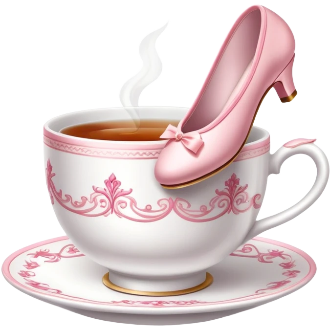 Elegant china tea cup with saucer wearing pink ballet slippers and performing an arabesque emoji