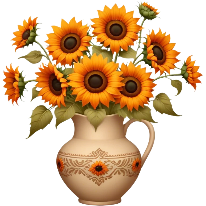 bouquet of bright orange sunflowers in a beige aesthetic vase in vintage style with beautiful ornaments of brown color emoji