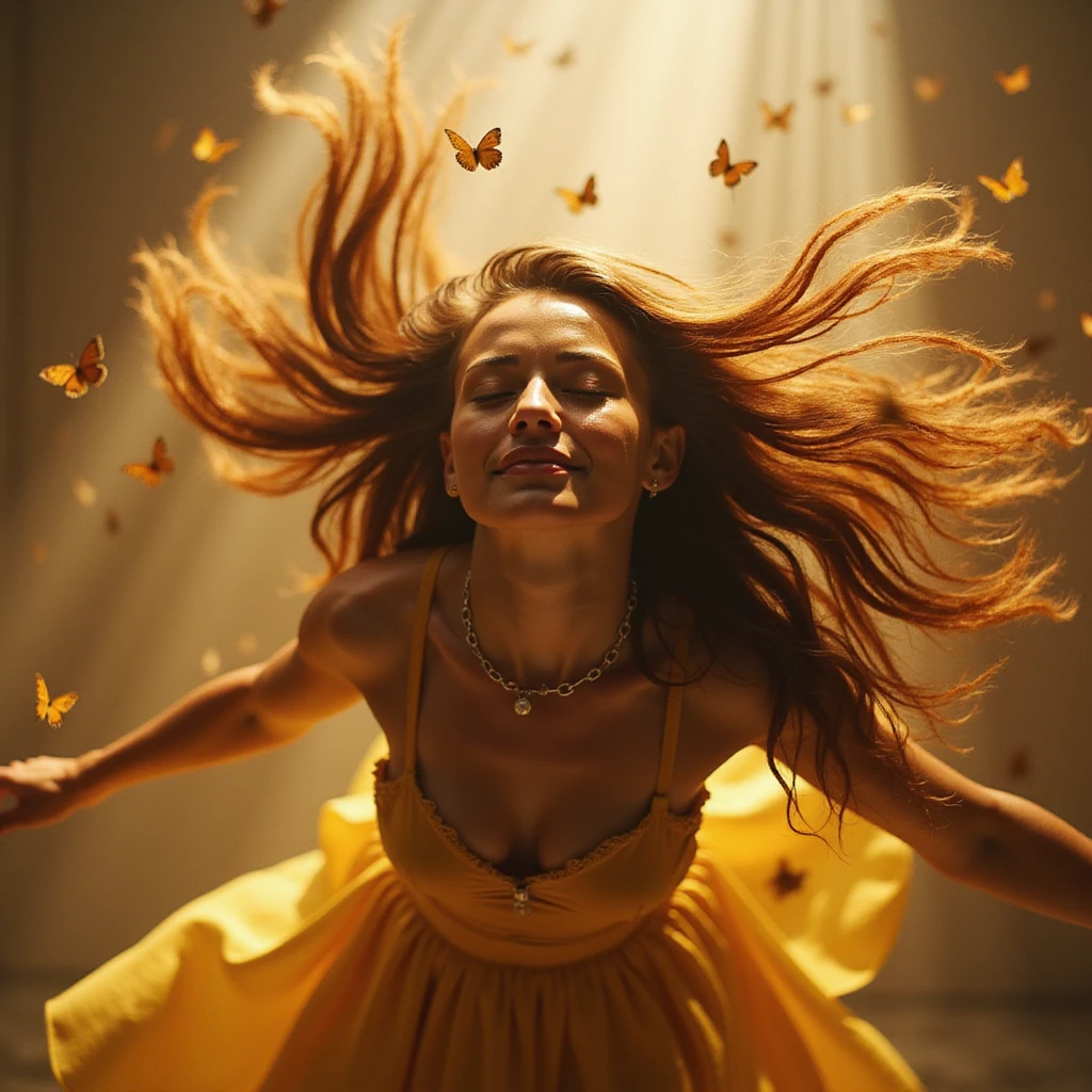 A woman floating in zero gravity, long hair swirling like liquid gold, chains of worry transforming into butterflies, warm light embracing her relaxed face, hyperrealistic 4K, ethereal and uplifting atmosphere emoji