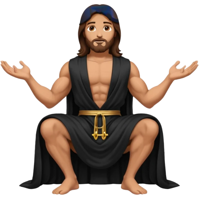 fullbody jesus christ jacked, sleeveless black robe sitting hands down emoji
