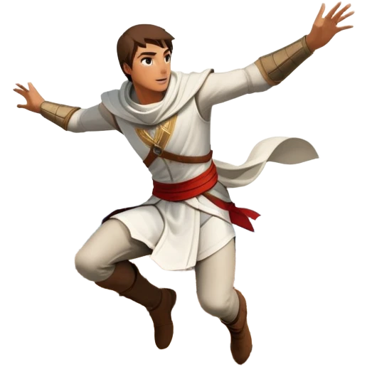 An icon featuring a hero performing a leap of faith from a tower in Florence, inspired by adventure games like Assassin's Creed. The design captures the dramatic moment mid-air, with detailed architecture and a bustling city below. Transparent background emoji