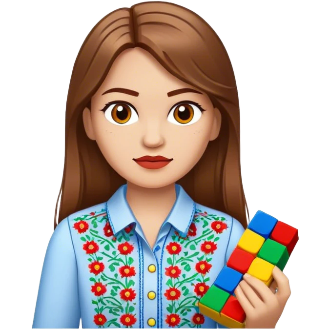A Ukrainian girl with brown hair in an embroidered shirt holds Lego bricks emoji