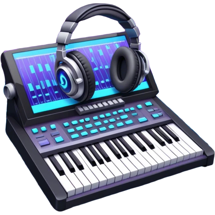 Create a sleek and professional emoji that represents sound design equipment. The design should feature a sound mixing console with faders, a synthesizer, and studio headphones to symbolize the tools used in sound design. Add waves of musical notes surrounding the equipment to represent the dynamic nature of sound creation and manipulation. Use colors like neon blue, purple, silver, and black to convey a modern, creative, and technical vibe. The background should be transparent. emoji