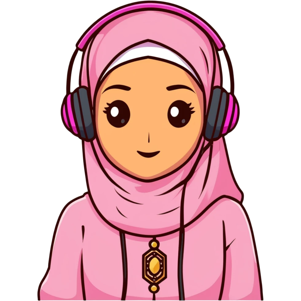 Hijabi girl, brownskin, dark brown eyes, wearing pink, wearing gold jewelry, wearing headphones emoji
