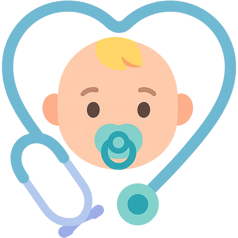 Prompt (на английском, как принято для генерации изображений):
"A clean, high-quality vector illustration of a baby's face with a pacifier, surrounded by a stethoscope forming a heart shape around the head. The design should include soft shadows and glossy highlights for depth and realism. Smooth lines, pastel color palette, minimalistic but expressive details. Ideal for a medical or pediatric logo or illustration. White backgroun emoji