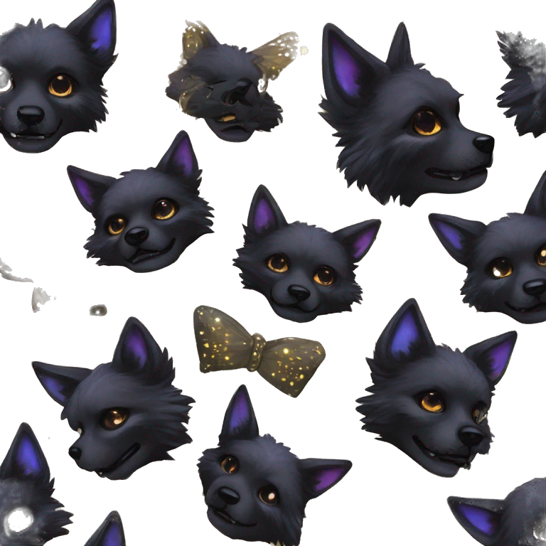 Black iridescent fluffy dog fox head zombie skeleton gold mechanical nebula galaxy stars flowers fairy lights vintage emoji